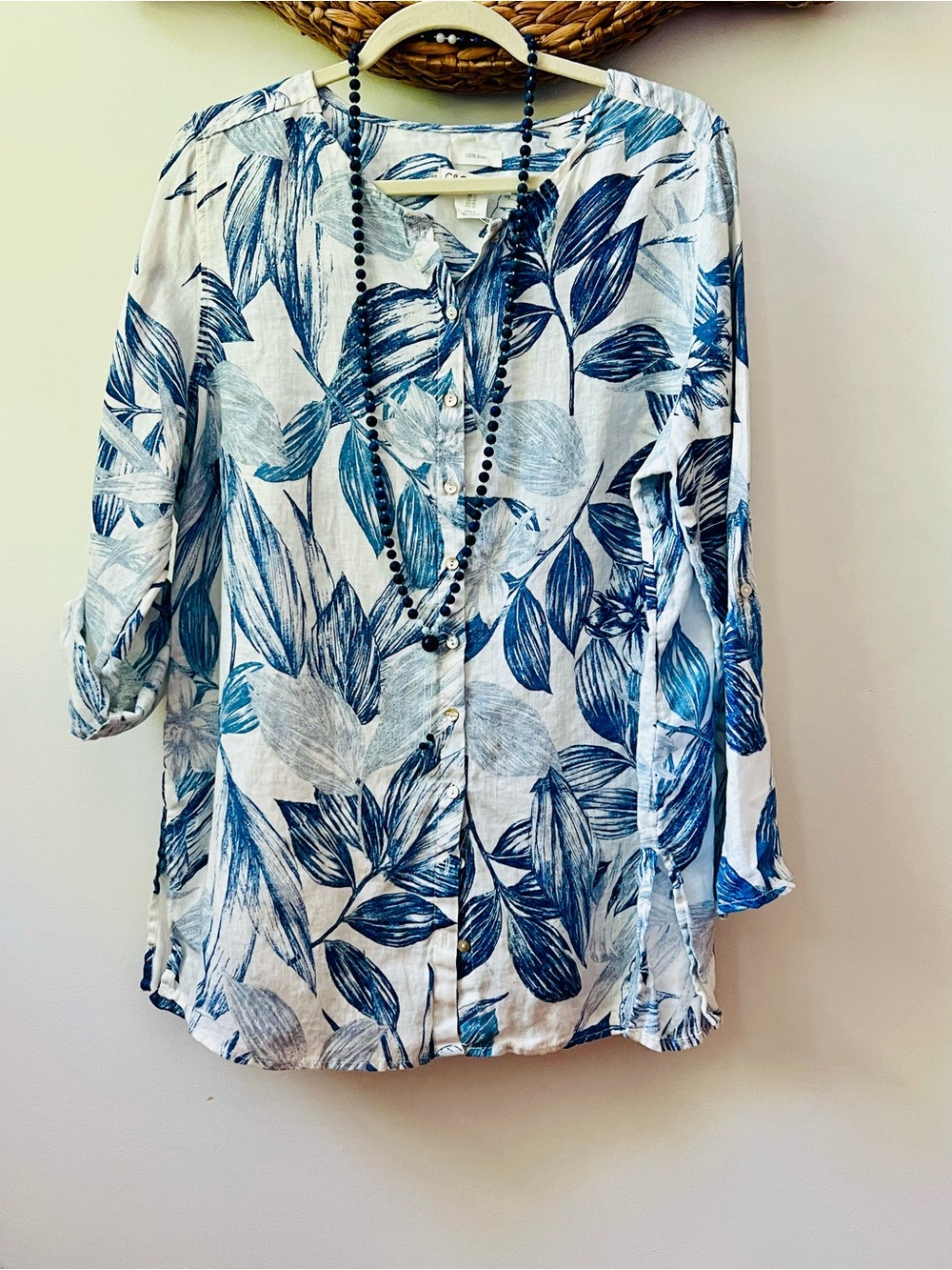 C&C California 100% Linen Blue Floral Button Down Tunic Top
